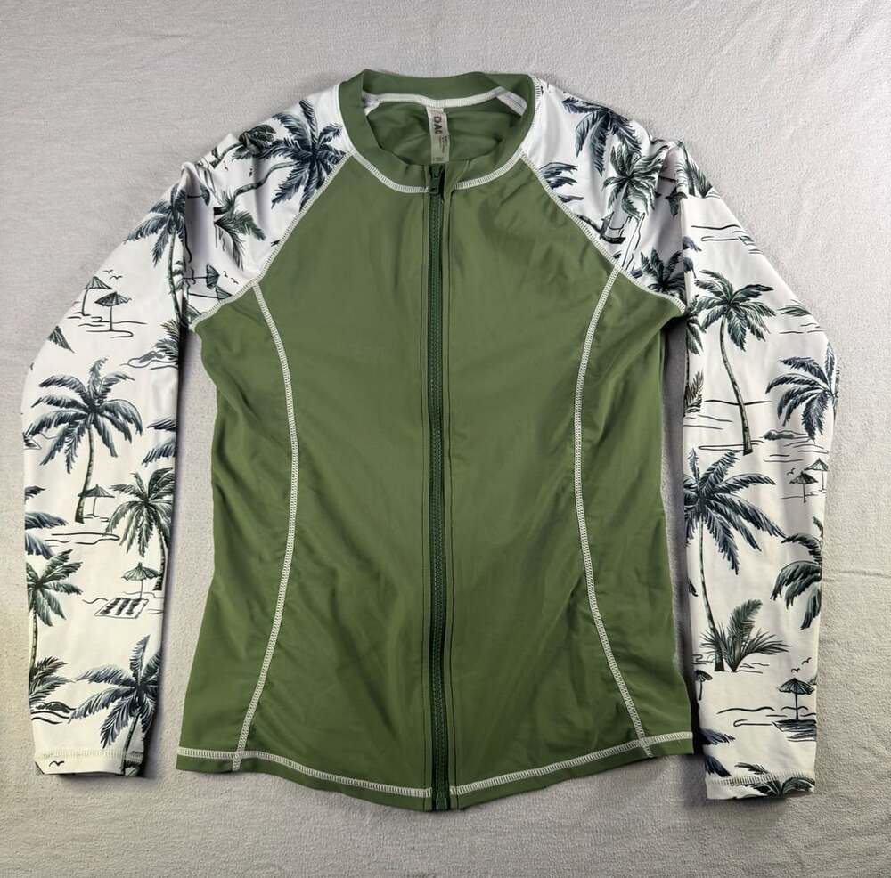 DACI Zip Rash Guard Size S Green Palm Tree Long Sleeve Swim Top